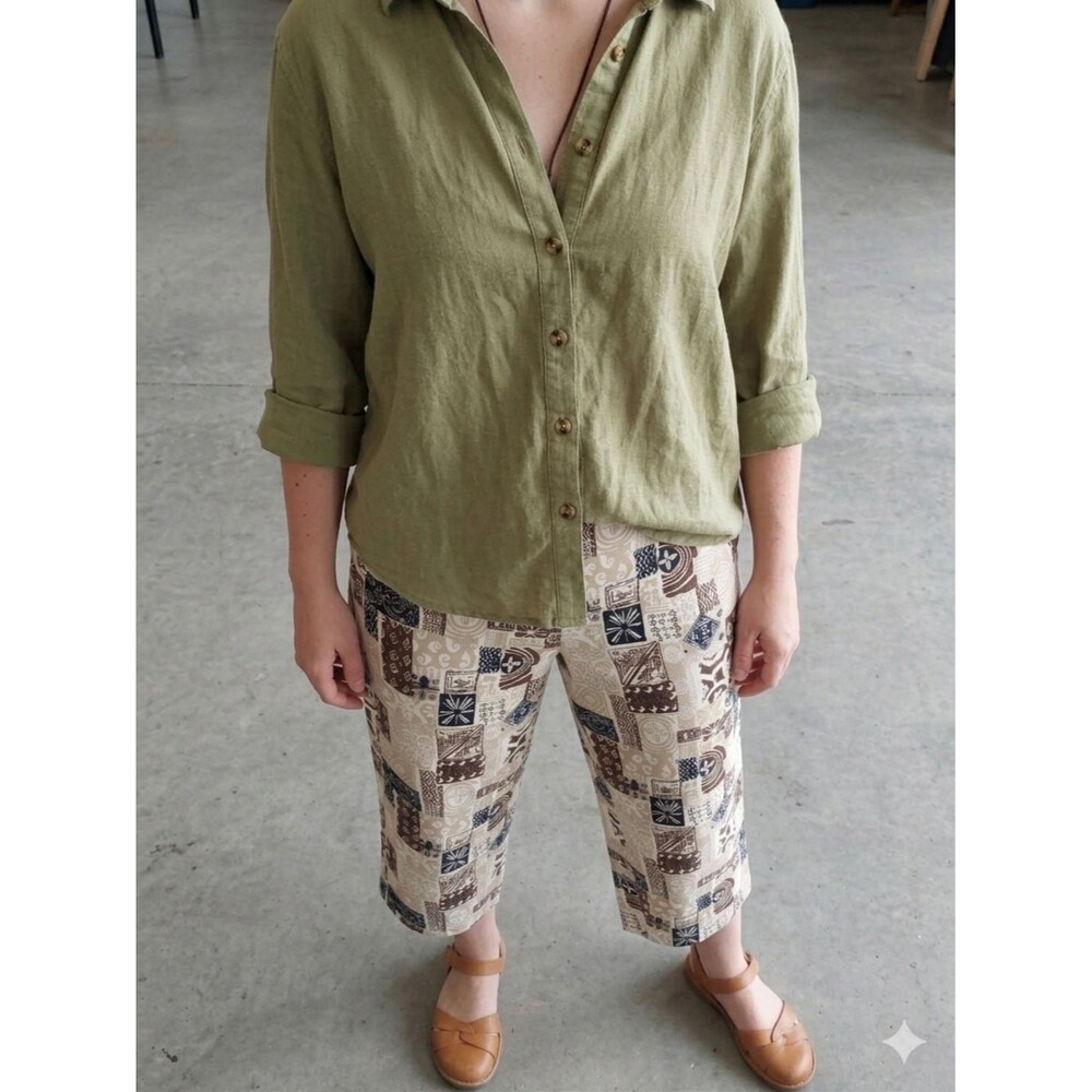 Kim Rogers Tribal Patchwork Crop Pants Brown Tan Beige Size 12 Boho Coastal